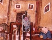 Tecknade figurer sitter på en krog och dricker, i mitten en man inne i en butelj.