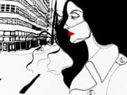 Tecknad kvinna i profil med långt svart hår och röda läppar, byggnad i bakgrunden.