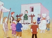 Animerad bild av en man som står på en brunn och pratar till åtta andra män runt om honom.